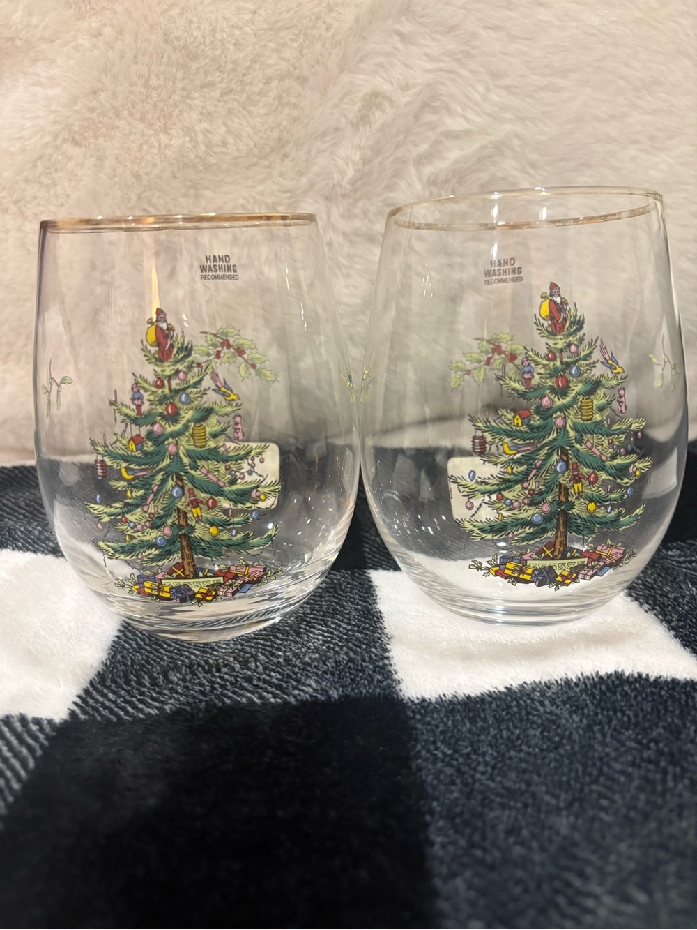 Set of 2/Spode Christmas Tree Stemless Wine Glasses with Gold Rim
